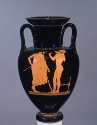Attic red-figure amphora depicting elderly bearded male and a youth
